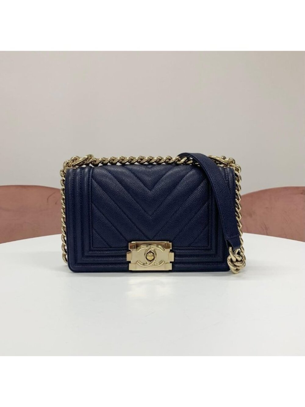 Chanel Boy 20 Caviar Leather CC Logo V-stitch Bag